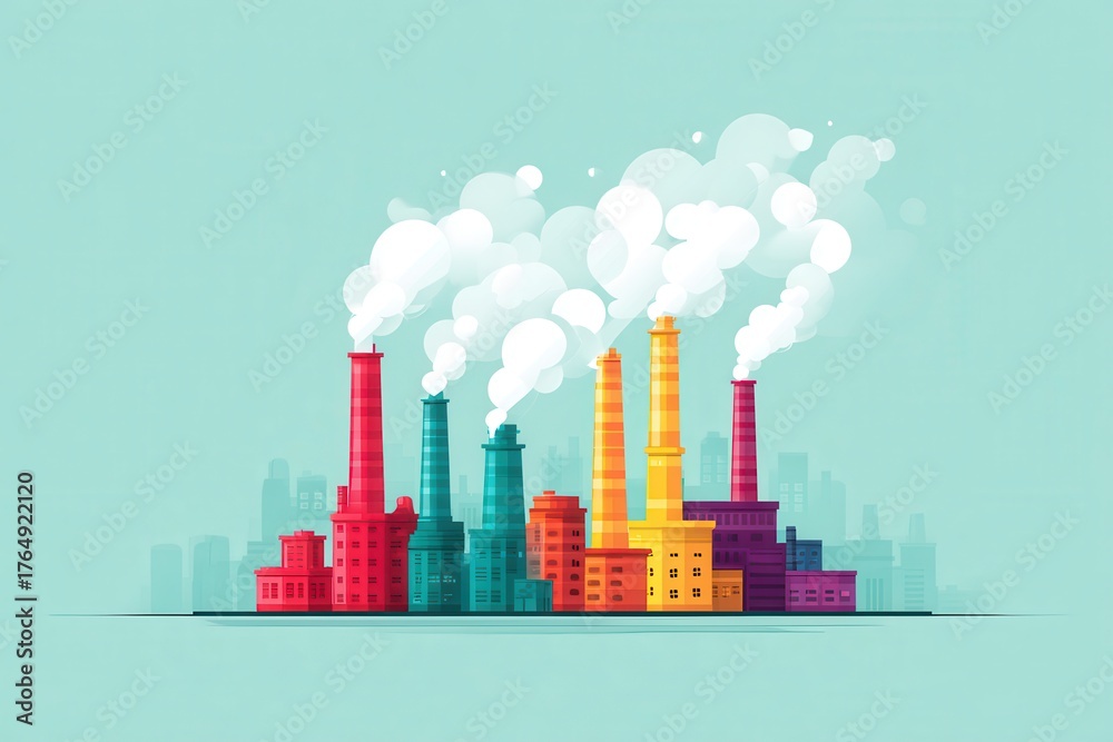 Fototapeta premium Colorful industrial chimneys emit thick plumes of white vapor against a pale blue backdrop