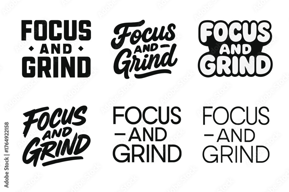 Fototapeta premium Creative Lettering Variations. Focus and Grind. Set lettering. harmonious lettering variations of the same emblematic concept, each with different artistic