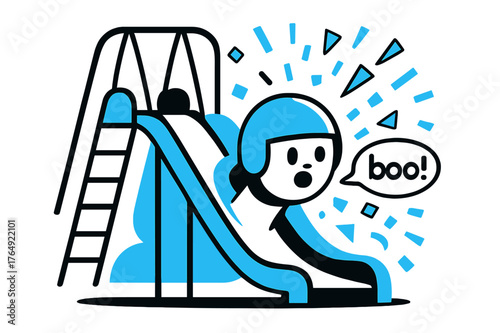 Playful Slide Surprise. Playground Slide Surprise. A helmet pops from the slide mouth with a whisper ?boo!?; swings behind trace smooth arcs. Confetti shapes
