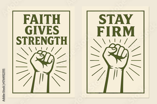 Faith and Strength Banners. Strength. Two vertical A6 banners with safe margins, centered composition, no elements touching edges, bold, olive green and cream,