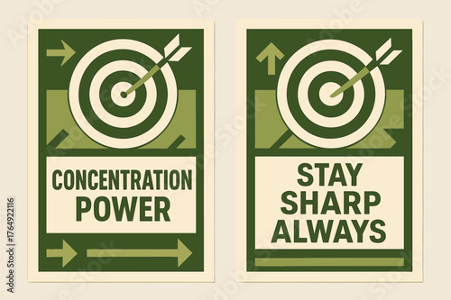 Concentration Banners Design. Concentration power. Two vertical A6 banners with safe margins, centered composition, no elements touching edges, geometric,