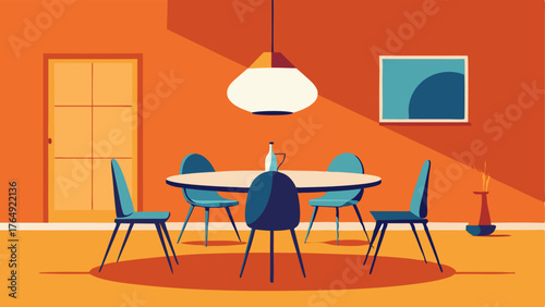 A dining room with a bright orange accent wall a circular dining table with modstyle chairs and a hanging paper lantern light fixture.