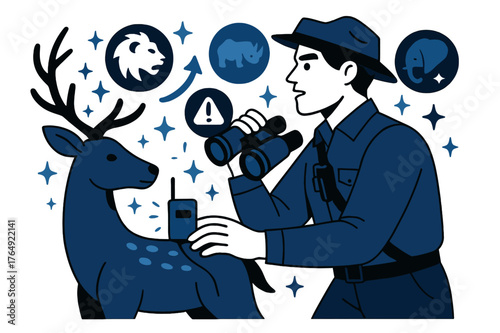 Poaching Prevention Art. Poaching awareness. Ranger tagging and monitoring wildlife with abstract floating animal icons, warning symbols, and sparkles; conveys