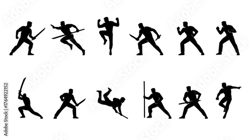 Dynamic ninja warriors silhouettes in action combat poses collection