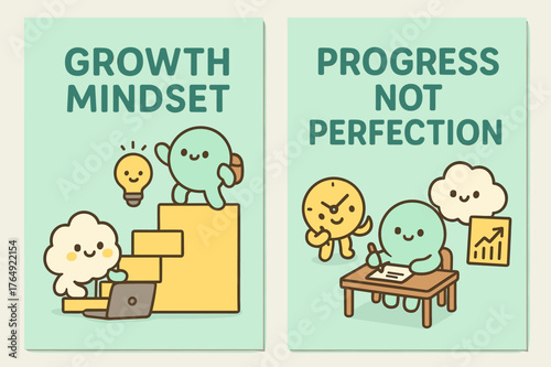 Kawaii Growth Banners. Growth mindset. Two vertical A6 banners with safe margins, centered composition, no elements touching edges, kawaii, pastel mint and