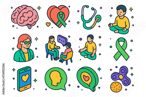 Mental Health Icons. Mental health awareness. Colorful isometric vector icons set of mental health awareness: brain, heart, stethoscope, therapist, counseling