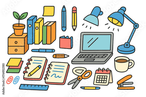 Organized Workstation Doodles. organized workstation. Colorful Hand-drawn doodle Children illustration organized workstation notebook, pen, pencil, sticky
