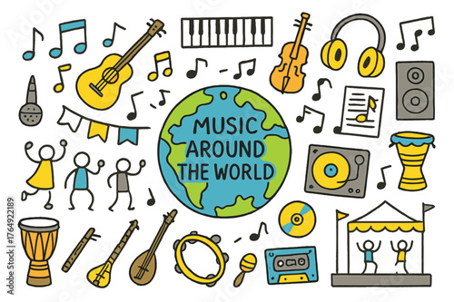 Global Musical Vibes. Music around the world. Hand-drawn doodle illustration globe (colored), musical notes (colored), guitar (colored), piano (colored), drums