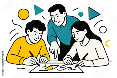 Creative Team Collaboration. Team Leaders Guiding Teams in Creative Projects. Close-up of hands sketching ideas with leader pointing and floating abstract