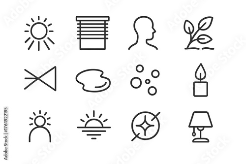 Light and Shadow Icons. Light and Shadow. Line icon set of Light and Shadow: sunbeam, window blinds, silhouette, shadow of leaves, prism rainbow, reflection