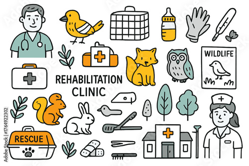 Animal Rehab Clinic. Rehabilitation clinic. Hand-drawn doodle illustration veterinarian (colored), injured bird (colored), animal cage (colored), medical kit