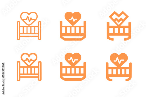 Baby Monitor Logos. Baby monitor. Set Logo of Baby monitor: heart pulse over crib icon. harmonious logo variations of the same emblematic concept, each with