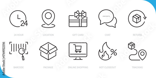 E-commerce & shopping line icon set. 24 hour, location, gift card, chat, return, barcode, package, online shopping, hot closeout, tracking sign. Vector illustration. Editable stroke. Flat design.