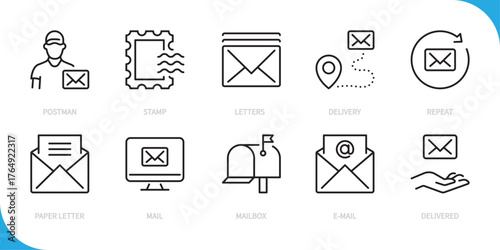 Letter & e-mail line icon set. Postman, stamp, letters, delivery, repeat, paper letter, mail, mailbox, message, delivered sign. Vector illustration. Editable stroke. Flat design.