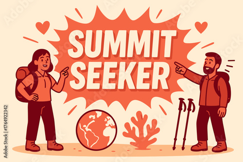 Adventurers' Quest Banner. Summit seeker banner, flat vector illustration, bold oversized text inside splash explosion, cartoon characters standing and