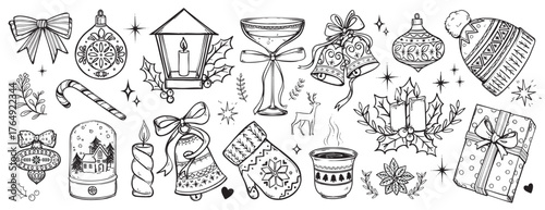 Black and white line art Christmas elements, hand drawn vector doodle set of winter holiday items, ornaments, wine glass, jingle bells, mitten, gift box.. ect