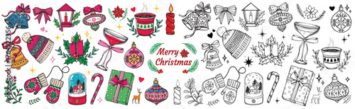 A Set of Christmas and winter items, colored and black and white line art doodle illustrations of holiday celebration elements, bells, candles, wine glass, ornaments, mittens, gift box.. ect