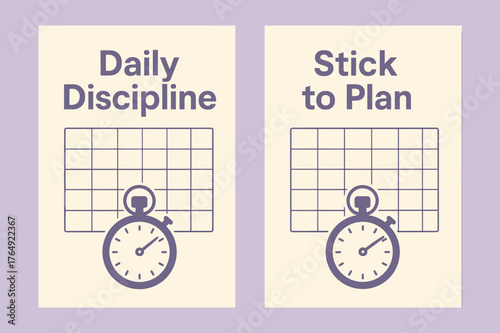 Daily Discipline Banners. Discipline. Two vertical A6 banners with safe margins, centered composition, no elements touching edges, modern, lavender and cream,