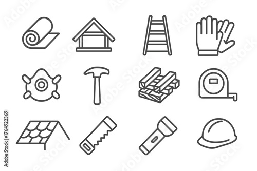 Home Improvement Icons. Home improvement. Line icon set of home improvement: insulation roll, attic space, ladder, safety gloves, protective mask, hammer,