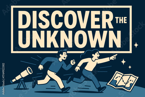 Discover the Unknown. Discover the unknown banner, flat vector illustration, bold oversized text inside rectangular frame, cartoon characters running and