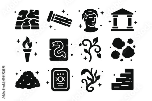 Ancient Ruins Icons. Ancient Ruins Path. Solid icons set of Ancient Ruins Path: cracked stones, fallen column, ivy, statue head, temple arch, torch flame,