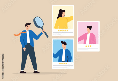 Go to Page
|Prev1234Next
HR recruiter analyzing candidate with magnifying glass in flat design