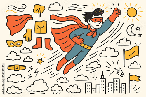Heroic Skyline Flight. Flying cape. Hand-drawn doodle illustration cape (colored), wind lines (colored), superhero (colored), boots (colored), mask (colored),