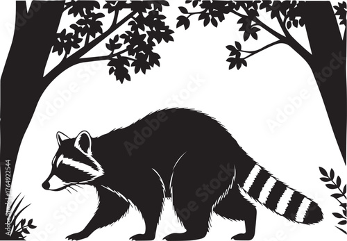 Black silhouette of a curious raccoon walking among trees and foliage in a forest scene