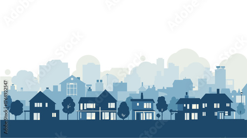 Charming suburban neighborhood with modern houses and city skyline silhouette in soft, serene hues