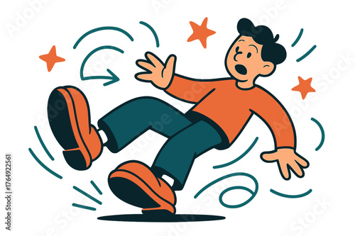 Playful Slipping Cartoon. Funny sketches. Cartoon character wearing oversized shoes slipping on floor; abstract floating motion lines and stars highlight