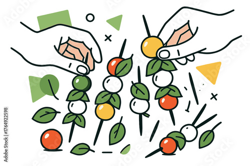 Caprese Skewers Artistry. Caprese Skewers. Hands assembling caprese skewers with cherry tomatoes, mozzarella balls, and basil with floating abstract geometric