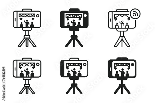 Streaming Event Logos. Online streaming events and live broadcasts. Set Logo of Online streaming events and live broadcasts: smartphone on tripod streaming
