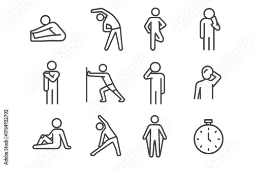 Stretching Icon Set. Stretching. Line icon set of Stretching: seated hamstring stretch, standing side bend, quad stretch, shoulder stretch, calf stretch, neck