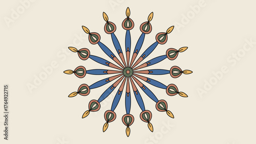 Illustrated symmetrical design with blue spokes and teardrop shapes on a cream colored background