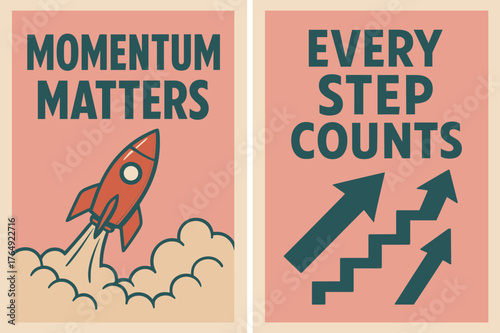 Retro Rocket Banners. Momentum matters. Two vertical A6 banners with safe margins, centered composition, no elements touching edges, retro, pink and teal,