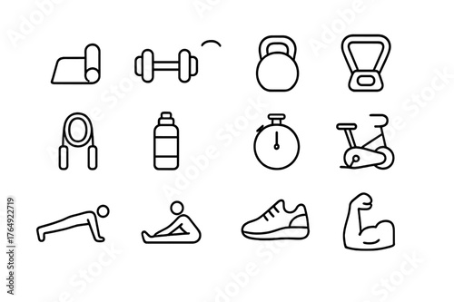 Home Workout Icons. Home Workouts. Line icon set of Home Workouts: yoga mat, dumbbell, kettlebell, resistance band, jump rope, water bottle, timer, exercise