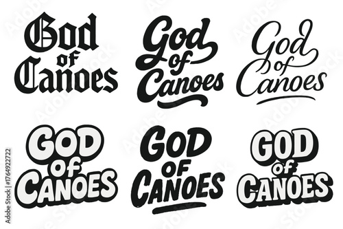 Canoe Lettering Showcase. God of Canoes. Set lettering. harmonious lettering variations of the same emblematic concept (Gothic-inspired decorative type, Bold