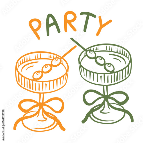 Colorful Hand Drawn Party Illustration With Two Cocktail Glasses And Ribbons. Festive Holiday Celebration Design For Christmas, New Year, Or Winter Events
