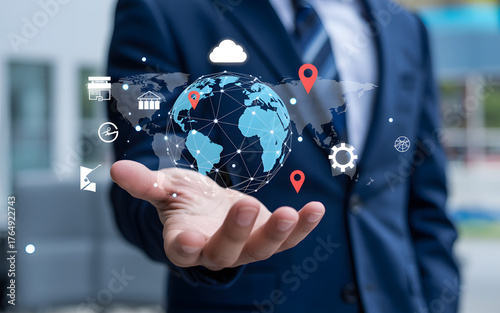 corporate globalization strategy showing digital map, pins, and workflow