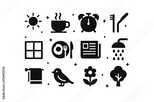 Morning Routine Icons. Morning Routine. Solid icons set of Morning Routine: sun, coffee cup, alarm clock, toothbrush, window, breakfast plate, newspaper,