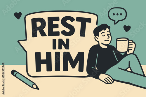 Restful Banner Design. Rest in Him banner, flat vector illustration, bold oversized text inside sticker outline banner, cartoon characters reclining and