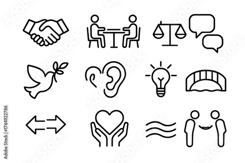 Conflict Resolution Icons. Conflict Resolution. Line icon set of Conflict Resolution: handshake agreement, mediation table, balance scale, conversation