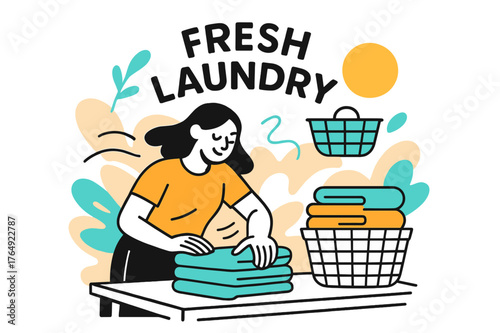 Calm Folding Rhythm. Folding Station Scene. A person folds crisp towels on a table; soft motion lines show rhythm and calm. ?Fresh Laundry? floats in smooth