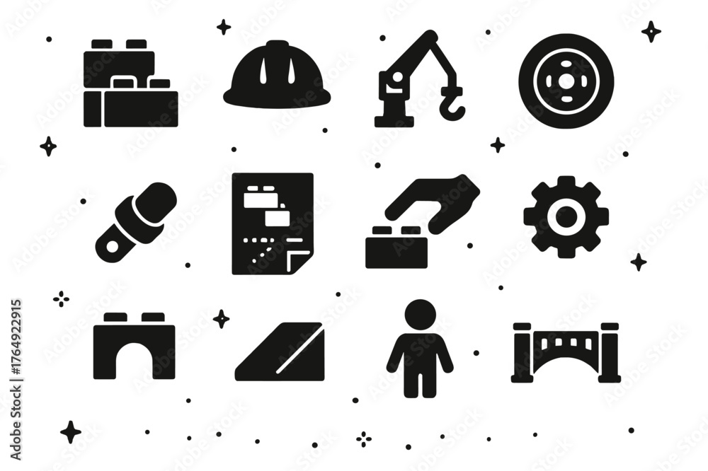 Fototapeta premium LEGO Icon Collection. LEGO Construction Play. Solid icons set of LEGO Construction Play: stacked bricks, builder hat, crane arm, wheel, connector