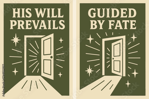 Destiny Banners Design. Destiny. Two vertical A6 banners with safe margins, centered composition, no elements touching edges, retro, olive green and cream,