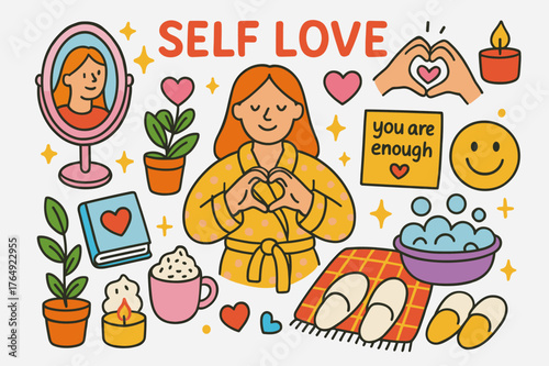 Self Love Doodles. Self love. Colorful Hand-drawn doodle Children illustration Self love mirror, heart hands, cozy robe, candle, book, bath bubbles, plant, cup