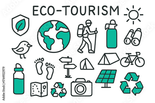 Eco-Tourism Icons. // Eco-tourism. Hand-drawn doodle illustration Eco-tourism [earth globe (accented), leaf badge (accented), hiker, reusable bottle