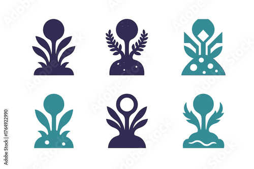 Alien Flora Logos. Art in science fiction and speculative fiction. Set Logo of Art in science fiction and speculative fiction: Alien flora. harmonious logo