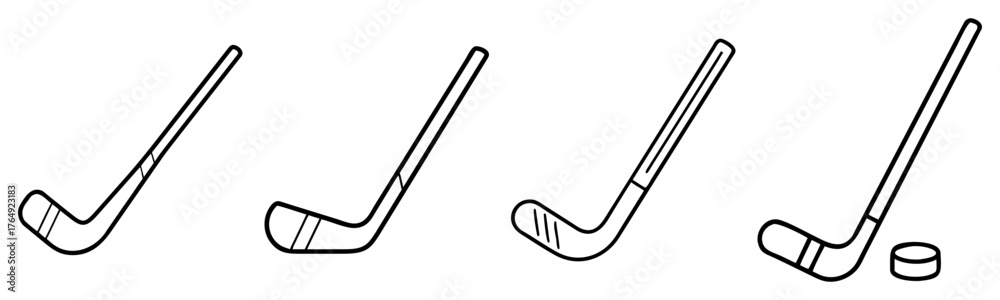 Fototapeta premium Ice Hockey Stick and Puck Outline Icon Set - Winter Sports Equipment Vector