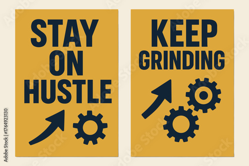 Stay On Hustle Banners. Stay on hustle. Two vertical A6 banners with safe margins, centered composition, no elements touching edges, bold, navy and gold,